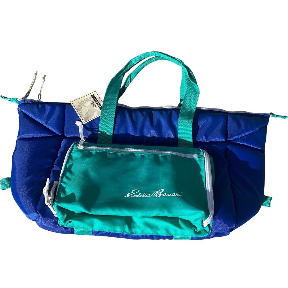 Vtg 90s Eddie Bauer Spell Out Color Block Insulated Beach Cooler Bag Blue NWT